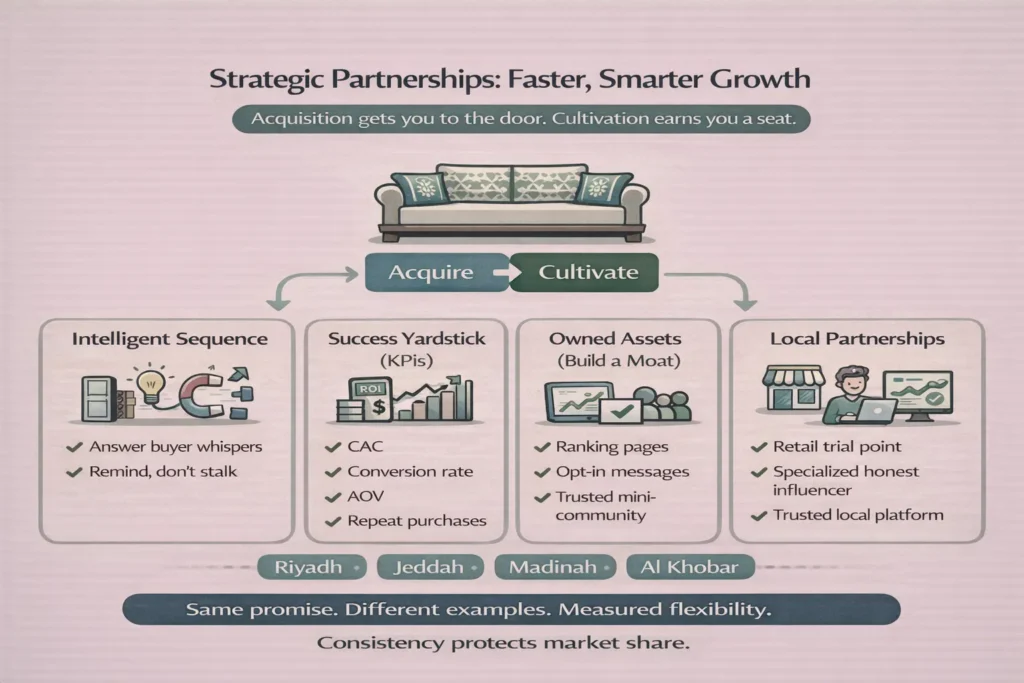 إنفوجرافيك يوضح الشراكات الاستراتيجية ضمن استراتيجية التسويق المقترحة للحصول على حصة من السوق المستهدف لزيادة الحصة السوقية بالسعودية: اكتساب + تنمية علاقة، KPIs، أصول مملوكة، شركاء محليون.