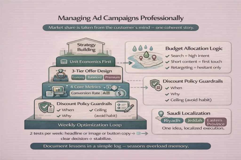 إنفوجرافيك لإدارة الحملات الإعلانية باحتراف استراتيجية التسويق المقترحة للحصول على حصة من السوق المستهدف: اقتصاديات الوحدة، عرض بثلاث فئات (اقتصادي/متوازن/مميز)، 4 مؤشرات أساسية، توزيع الميزانية، سياسة الخصم، تحسين أسبوعي، وتوطين سعودي.