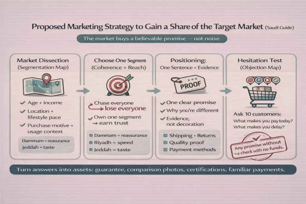 إنفوجرافيك يوضح استراتيجية التسويق المقترحة للحصول على حصة من السوق المستهدف لاقتناص حصة من السوق: تقسيم الجمهور، اختيار شريحة واحدة، تموضع بوعد مدعوم بدليل، واختبار التردد.