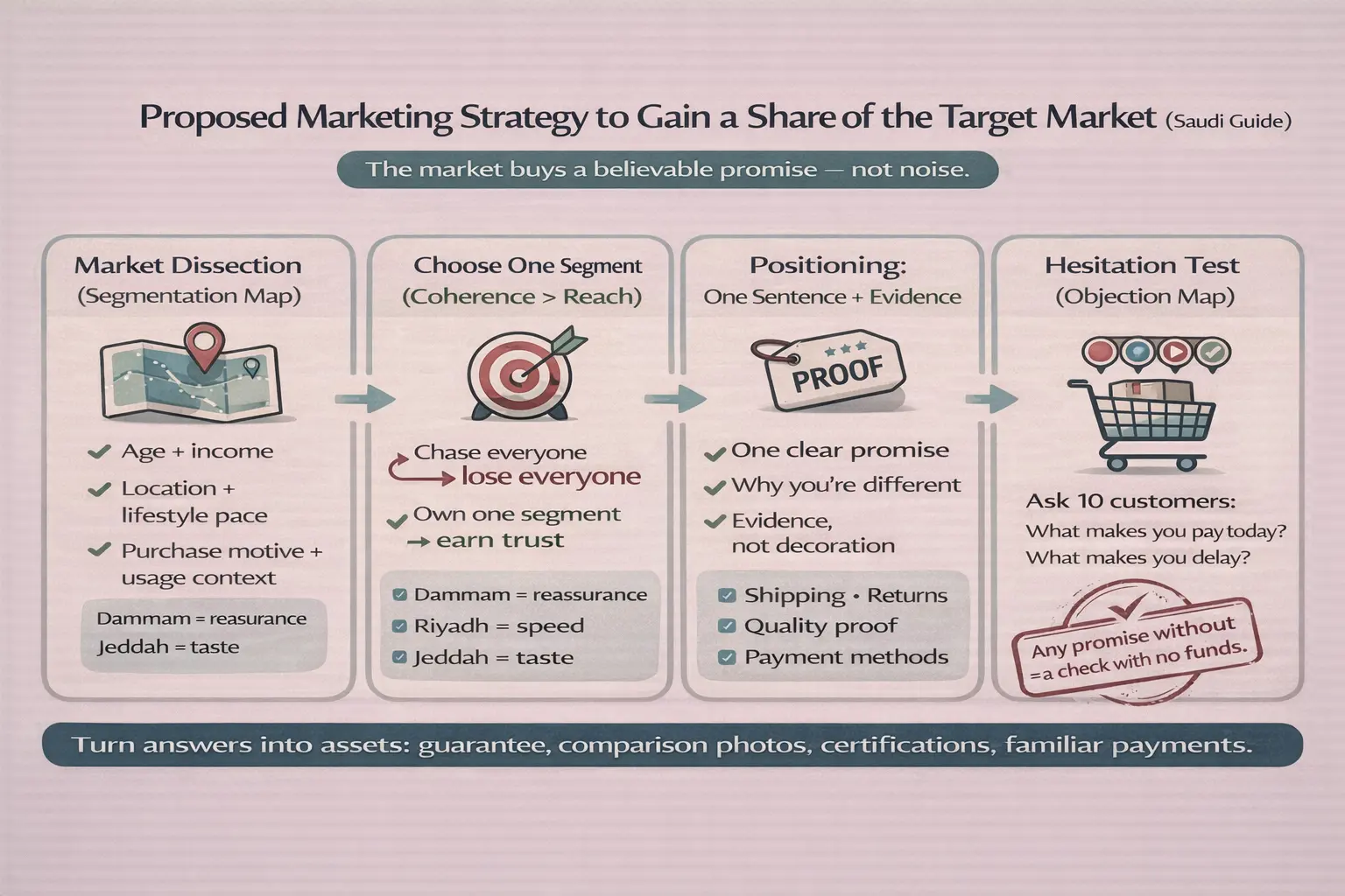 إنفوجرافيك يوضح استراتيجية التسويق المقترحة للحصول على حصة من السوق المستهدف لاقتناص حصة من السوق: تقسيم الجمهور، اختيار شريحة واحدة، تموضع بوعد مدعوم بدليل، واختبار التردد.