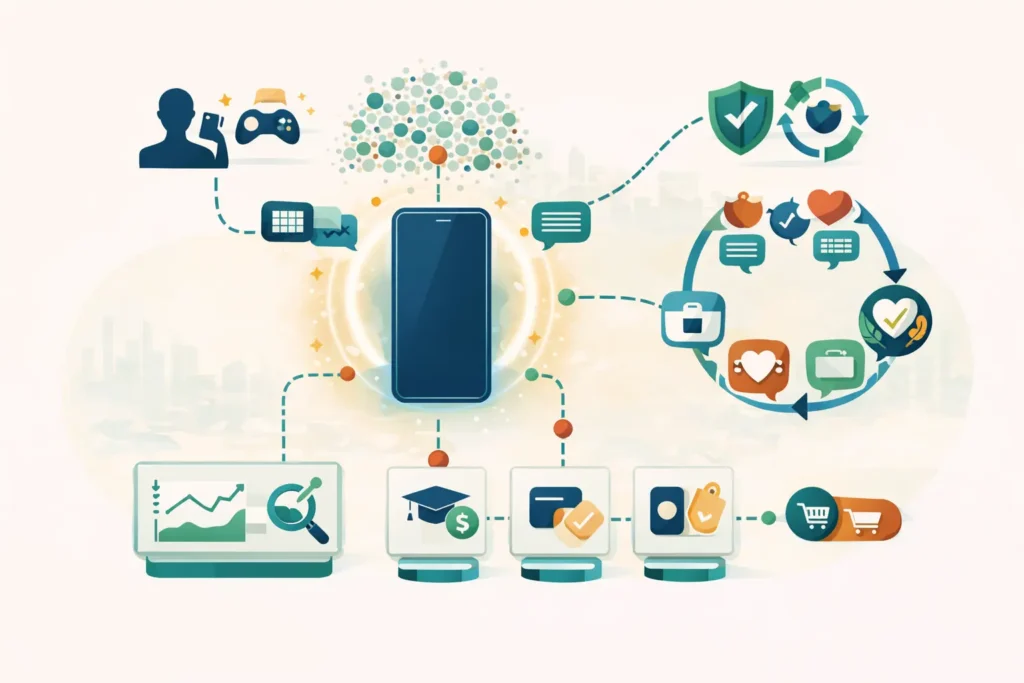 استراتيجية التسويق لشركة سامسونج: هاتف في الوسط مع مسار قمع رقمي وتقسيم دقيق للجمهور وقياس أداء وولاء واهتمام بالاستدامة.