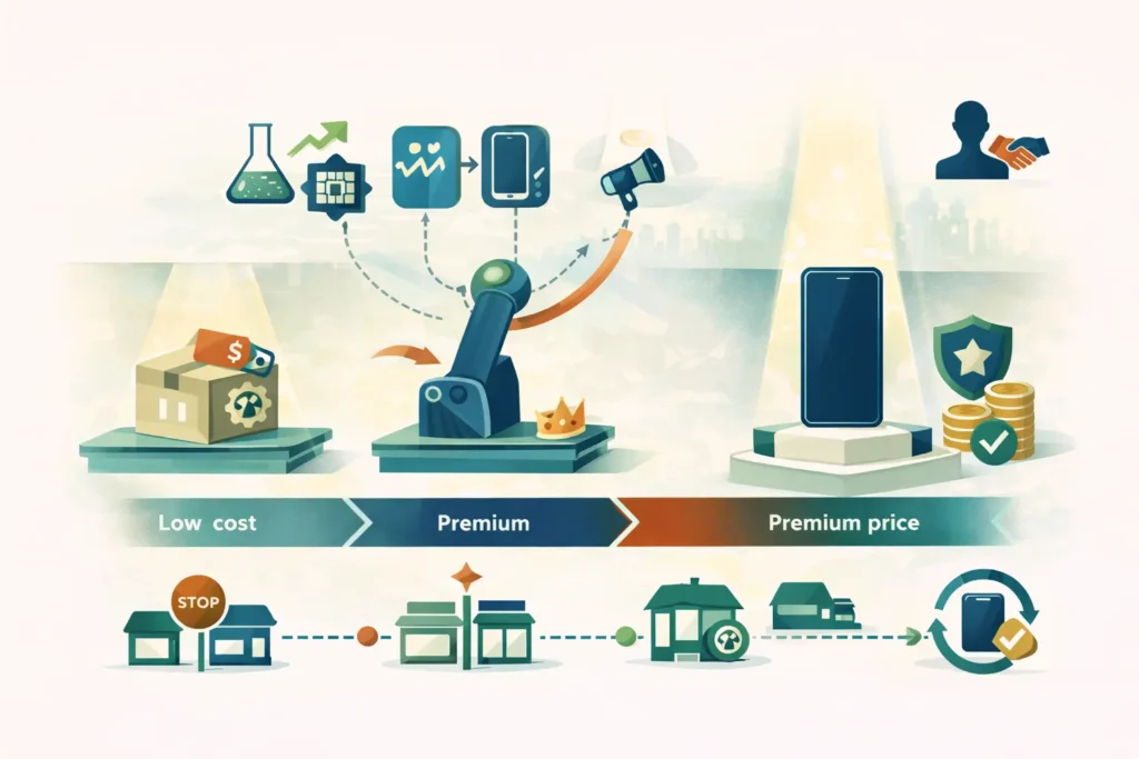 استراتيجية التسويق لشركة سامسونج: انتقال من صورة منخفضة التكلفة إلى علامة بريميوم عبر ابتكار وتصميم وحملات، مع تغيير قنوات التوزيع.