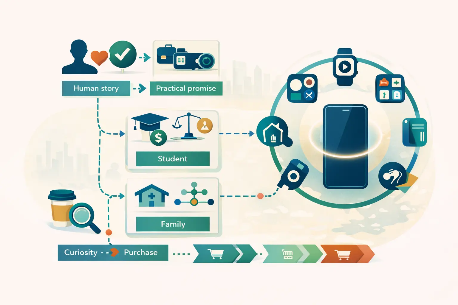 استراتيجية التسويق لشركة سامسونج: هاتف محوري مع شرائح جمهور مختلفة ونظام أجهزة مترابطة ومسار يحول الفضول إلى شراء عبر وعد عملي وتجربة.