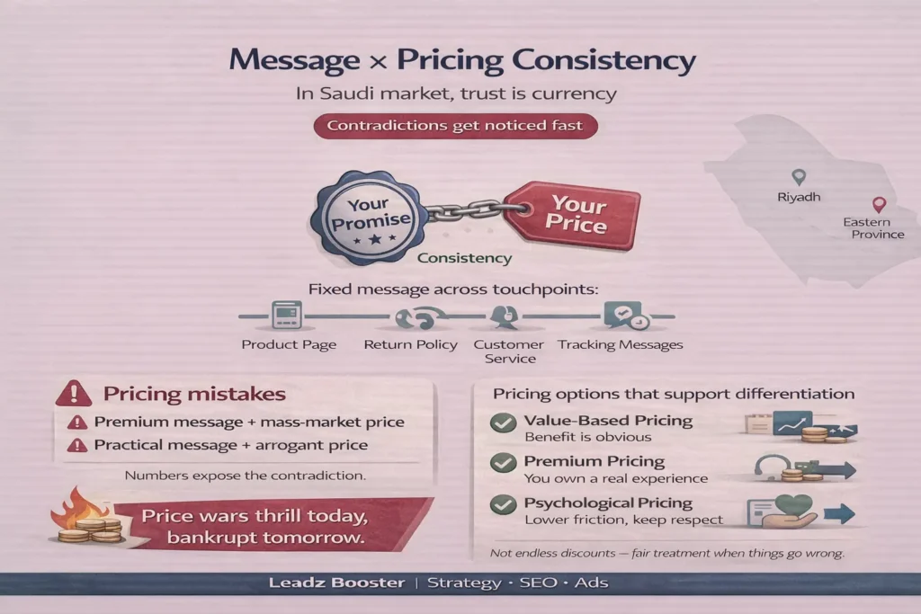 differentiation strategy in marketing infographic for Saudi market showing message–pricing consistency across touchpoints, pricing mistakes, and pricing options that support trust.