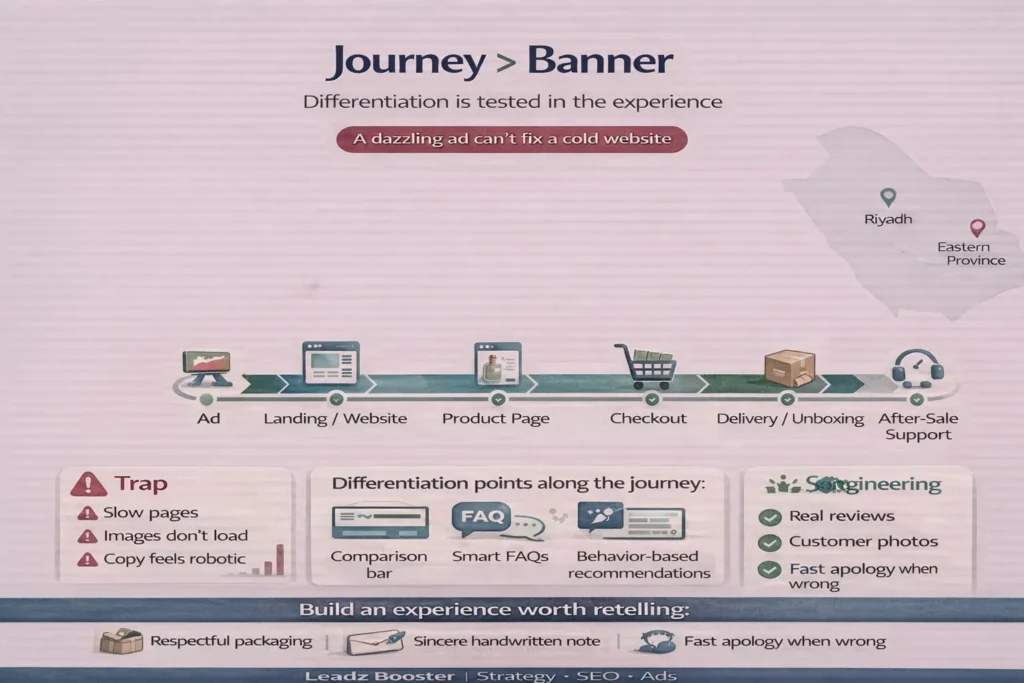 differentiation strategy in marketing infographic showing Journey > Banner: touchpoints from ad to website, product page, checkout, delivery/unboxing, and after-sale support.