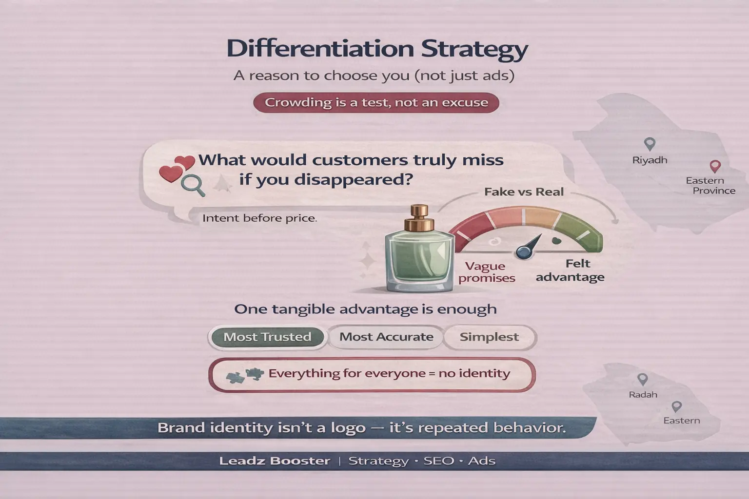 differentiation strategy in marketing infographic for Saudi market: define what customers would miss, avoid vague promises, choose one position, build identity through behavior.