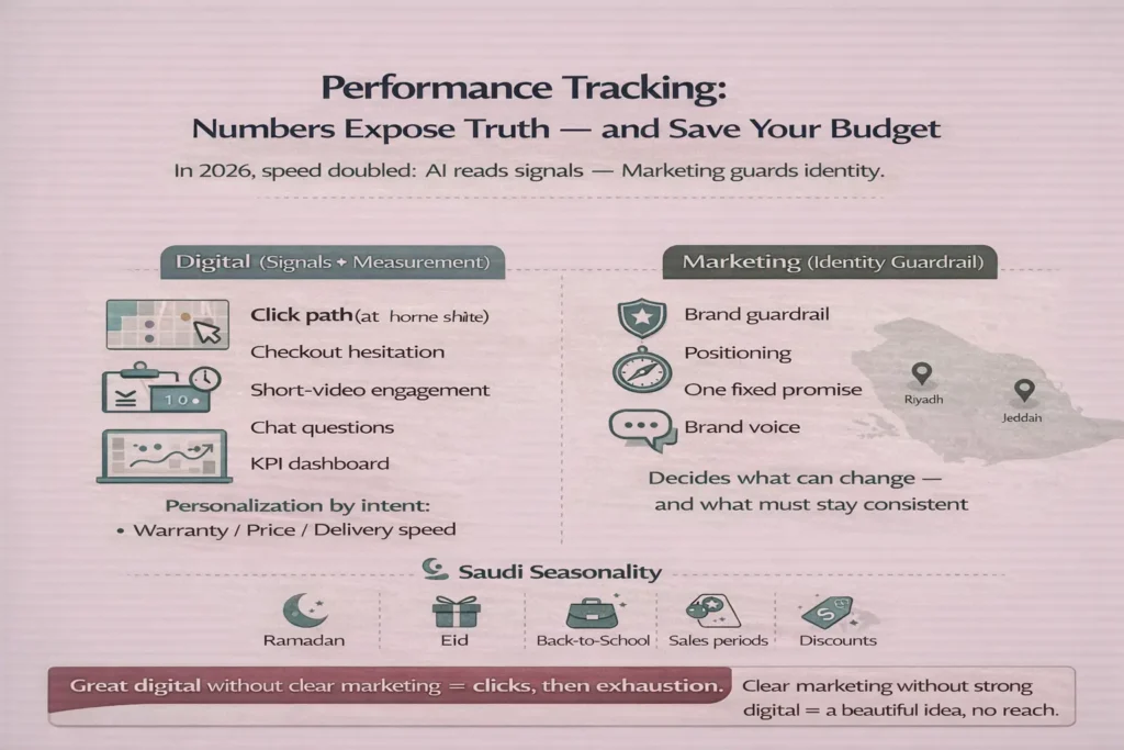 إنفوجرافيك يوضح الفرق بين الماركتينج و الديجيتال ماركتنج عبر تتبّع الأداء في 2026: إشارات الذكاء الاصطناعي، لوحة KPIs، التخصيص حسب النية، وحواجز هوية العلامة.