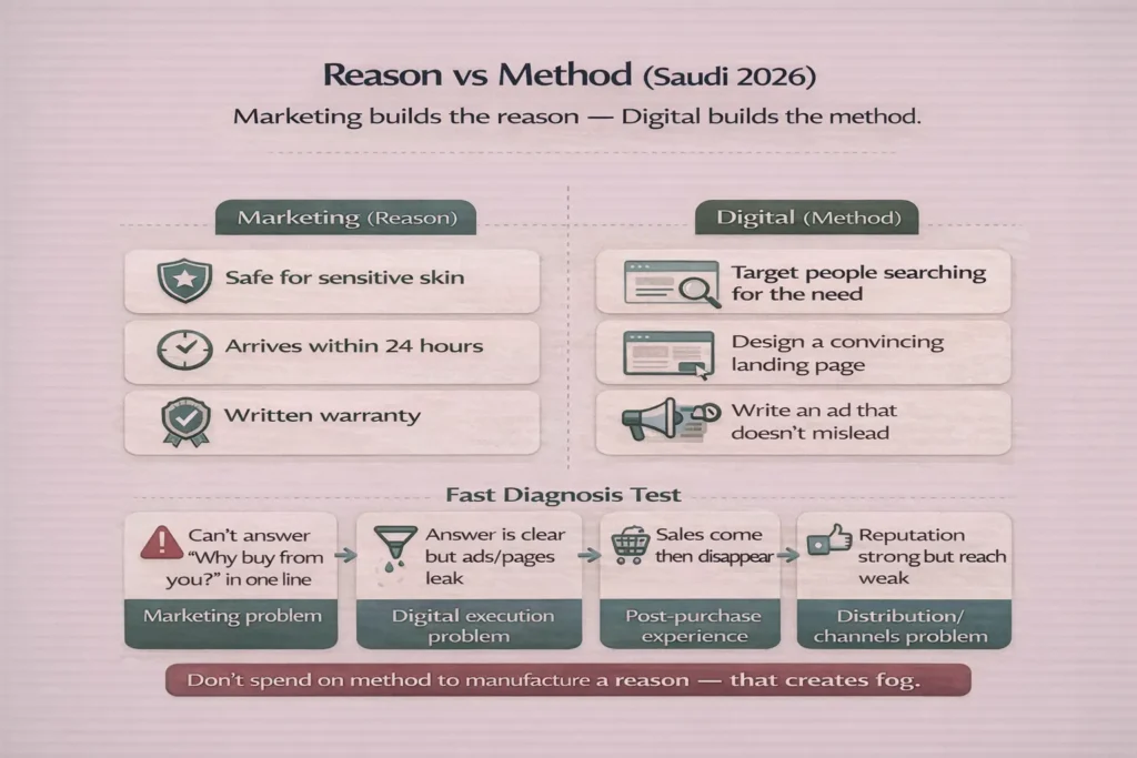 إنفوجرافيك يوضح الفرق بين الماركتينج و الديجيتال ماركتنج في السعودية 2026: التسويق يبني السبب، والرقمي يبني الطريقة، مع اختبار تشخيص سريع.