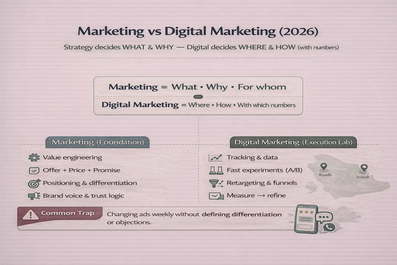 إنفوجرافيك يوضح الفرق بين الماركتينج و الديجيتال ماركتنج عام 2026: التسويق يحدد ماذا/لماذا/لمن، والتسويق الرقمي يحدد أين/كيف بالأرقام مع التتبع والتجارب.