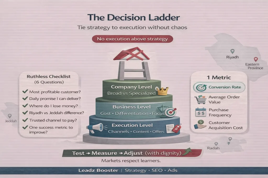 Types of Marketing Strategies decision ladder infographic: checklist questions, strategy levels (company, business, execution), and one success metric for Saudi businesses.