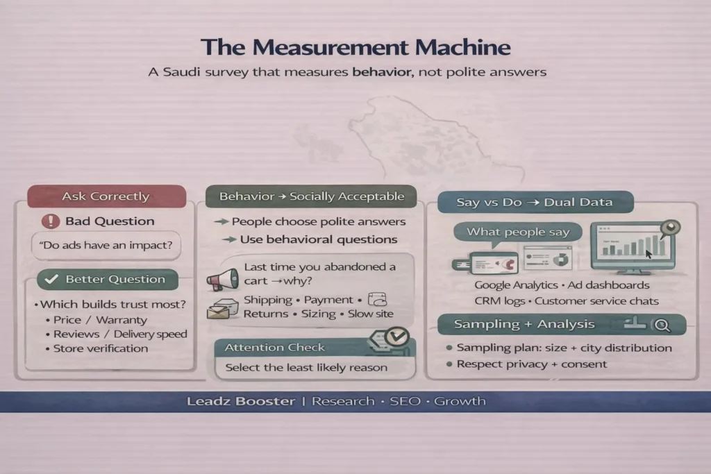 انفوجرافيك يوضح خطة بحث عن التسويق الإلكتروني عبر «آلة القياس»: أسئلة صحيحة، أسئلة سلوكية، تحقق الانتباه، ودمج الاستبيان مع Google Analytics وCRM.