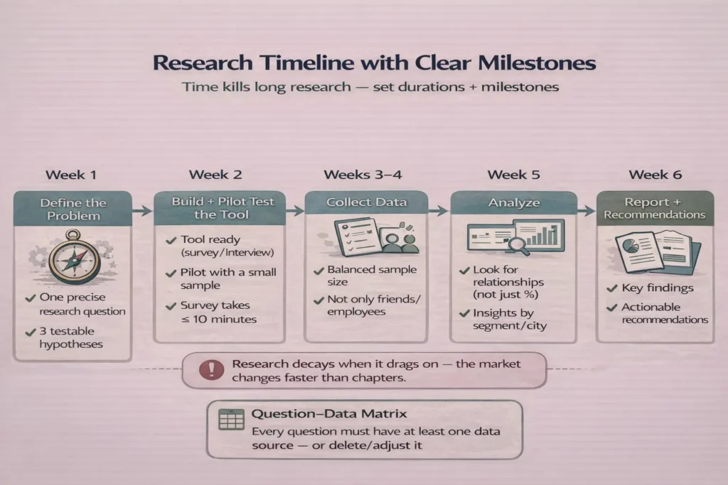 إنفوجرافك يوضح خطة بحث عن التسويق الإلكتروني عبر جدول زمني 6 أسابيع: تحديد المشكلة، بناء الأداة وتجربتها، جمع البيانات، التحليل، ثم التقرير والتوصيات.