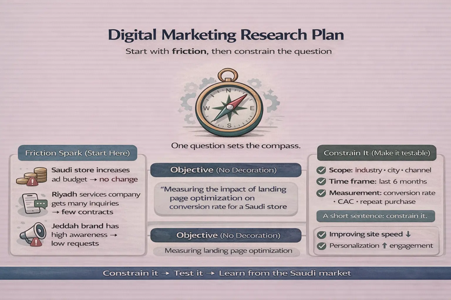 انفوجراف يشرح خطة بحث التسويق الرقمي بالسوق السعودي: نقطة الاحتكاك، سؤال البحث، الهدف، النطاق، الإطار الزمني، المقاييس، وفرضيات قابلة للاختبار.
