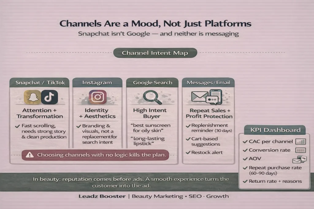 إنفوجرافيك يوضح اختيار القنوات حسب نية العميل داخل خطة تسويق منتجات تجميل: سناب/تيك توك للانتباه، جوجل للشراء، والرسائل للتكرار.