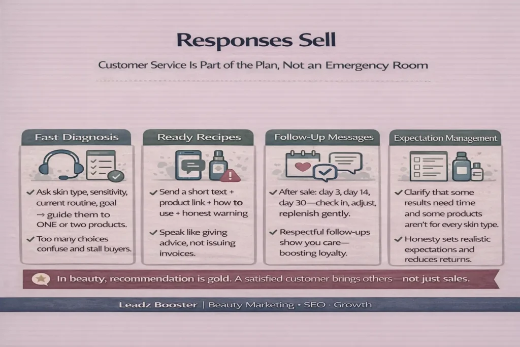 الردود تبيع: خدمة العملاء جزء أساسي من خطة تسويق منتجات تجميل—تشخيص سريع، وصفات رد جاهزة، متابعة بعد البيع، وإدارة التوقعات.