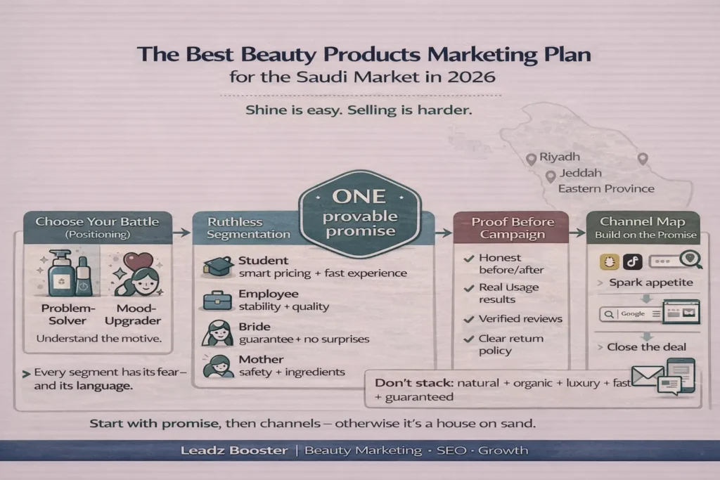 خطة تسويق منتجات تجميل للسوق السعودي 2026: اختيار المعركة، تقسيم الجمهور، وعد واحد قابل للإثبات، تجهيز الأدلة قبل الحملة، ثم خريطة القنوات.