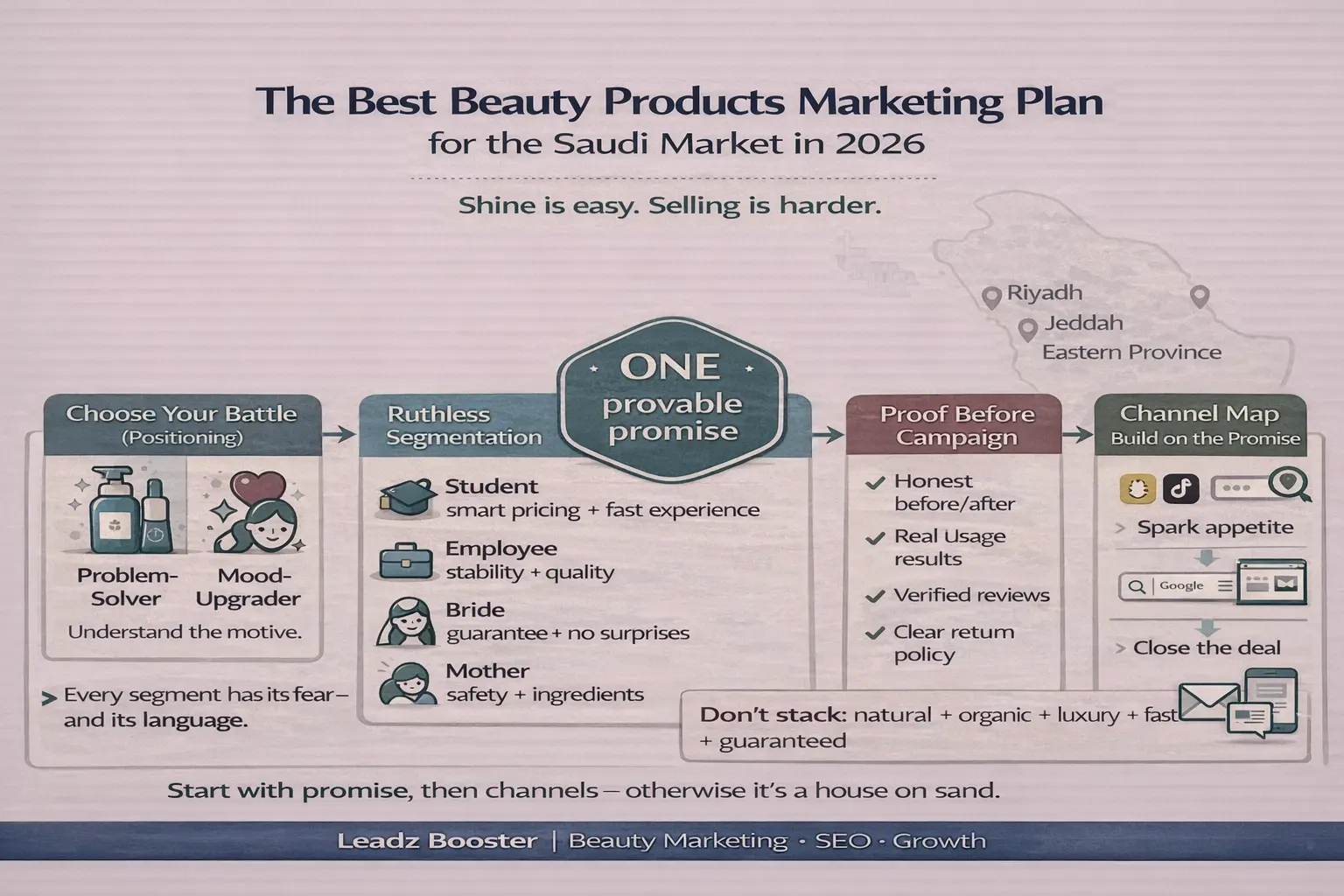 خطة تسويق منتجات تجميل للسوق السعودي 2026: اختيار المعركة، تقسيم الجمهور، وعد واحد قابل للإثبات، تجهيز الأدلة قبل الحملة، ثم خريطة القنوات.