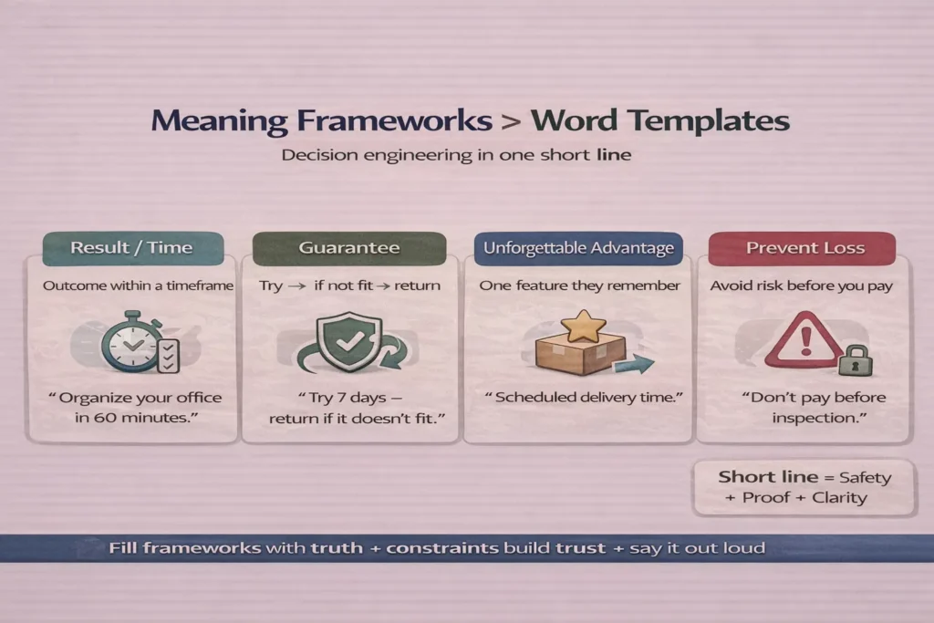 إنفوجرافيك يشرح أطر صياغة كلمات اعلانية تسويقية بدل القوالب الجاهزة: (نتيجة/وقت) + (ضمان) + (ميزة لا تُنسى) + (منع خسارة) لكتابة جمل قصيرة تُحفّز القرار.