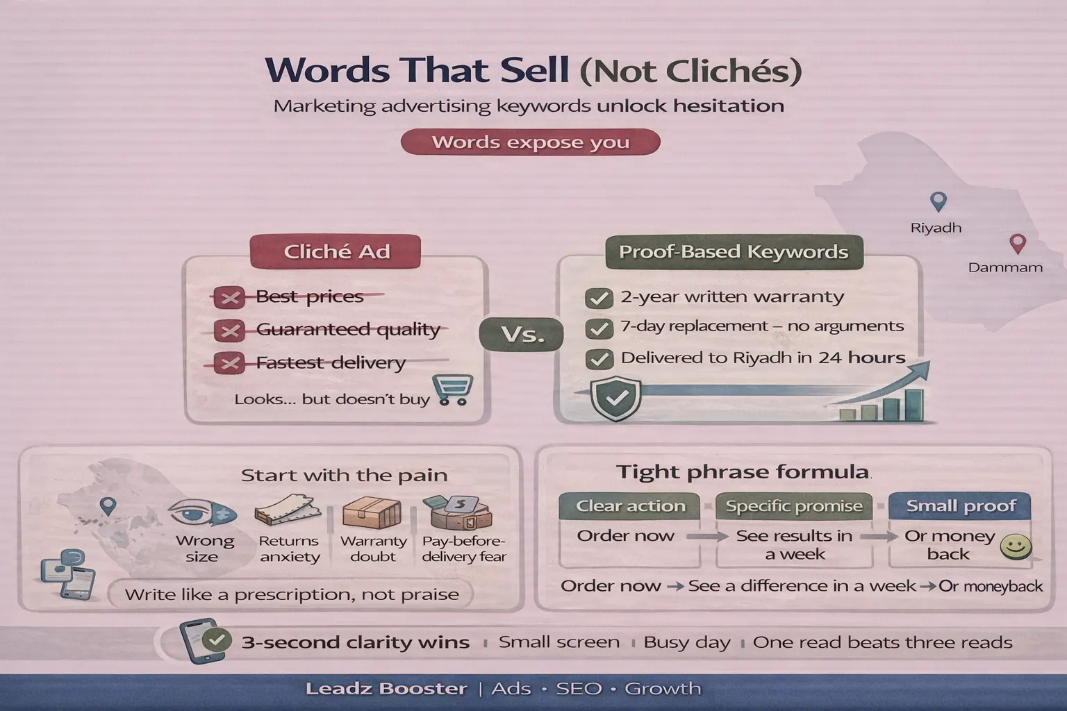 إنفوجرافيك يوضح كيف تُحوّل كلمات اعلانية تسويقية من عبارات مبتذلة إلى وعود مُثبتة بالأرقام لرفع المبيعات بالسوق السعودي (الرياض/الدمام).