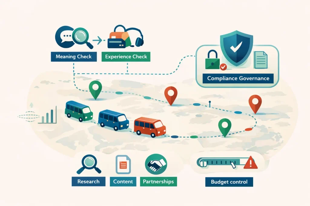 ماهي ادارة التسويق: خريطة ومسار قافلة يوضح إدارة التسويق الدولي عبر فحص المعنى والتجربة والامتثال والتحكم بالميزانية.