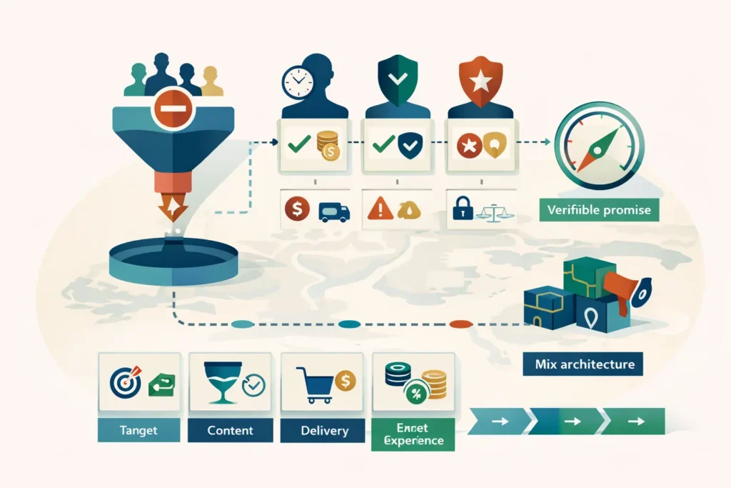 ماهي ادارة التسويق: مخطط استراتيجية يفلتر الشرائح ثم يختبر الوعد القابل للتحقق ويبني مزيج التسويق مع مسار مراحل التنفيذ.