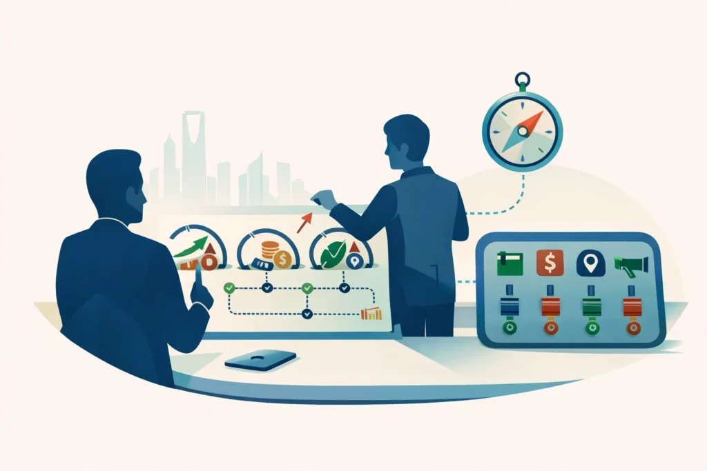 ماهي ادارة التسويق: اجتماع مكتب في الرياض يوضح ضبط الميزانية ورفع العائد عبر لوحة نظام وخريطة سير عمل وبوصلة و4Ps للتحكم.