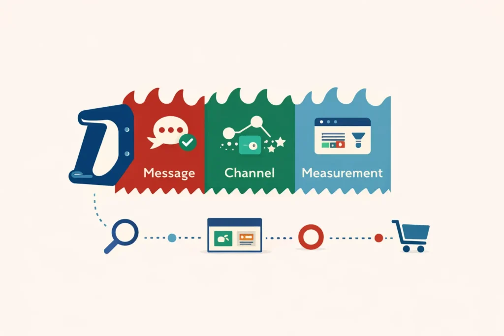 معلومات عن الديجيتال ماركتنج: منشار بثلاثة أقسام يوضح الرسالة والقنوات والقياس مع مسار من البحث إلى سلة الشراء.