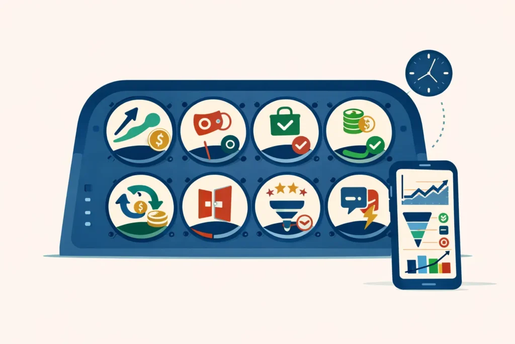 معلومات عن الديجيتال ماركتنج: لوحة KPI على شكل عدادات طائرة لقياس ROAS وCAC ومعدل التحويل وCTR وزمن الاستجابة مع هاتف.