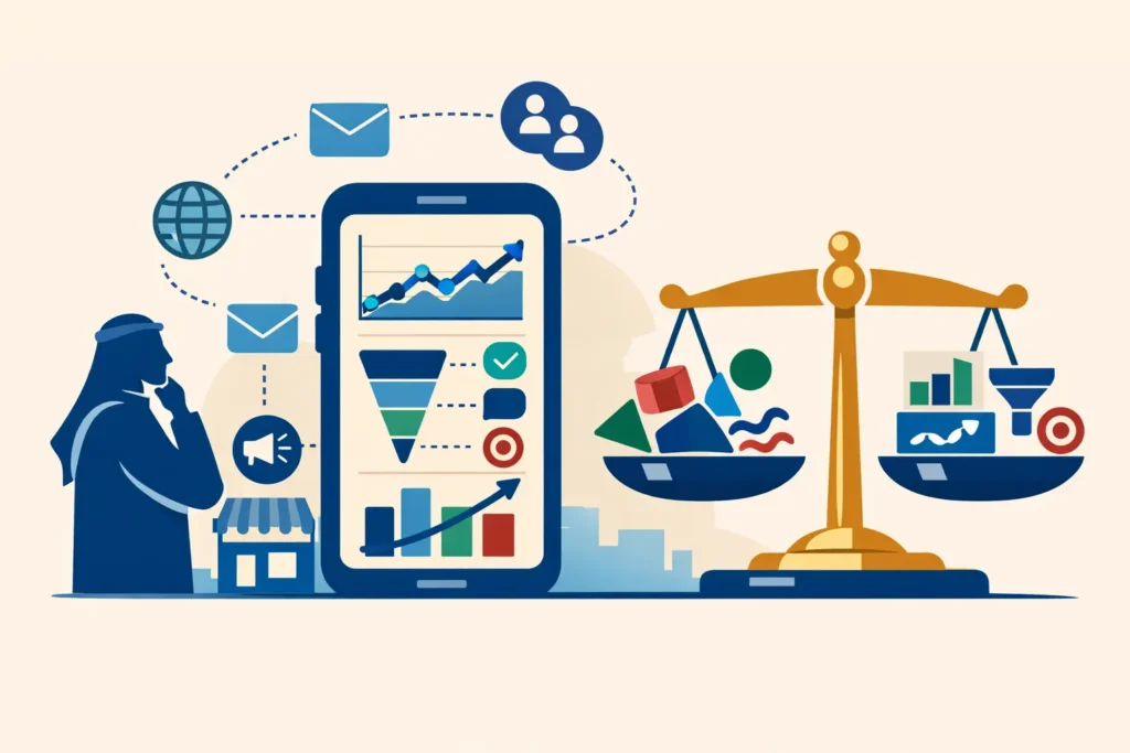 معلومات عن الديجيتال ماركتنج: صاحب متجر سعودي يتابع لوحة تحكم على هاتف مع مسار تحويل وميزان يقارن بين الضجيج والبيانات.