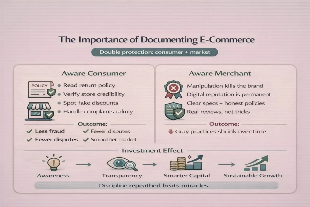مخطط يوضح من أهم فوائد الوعي بالتجارة الإلكترونية: حماية مزدوجة للمستهلك والسوق، وتقليل الاحتيال والنزاعات، وزيادة الشفافية وجذب الاستثمار المستدام.