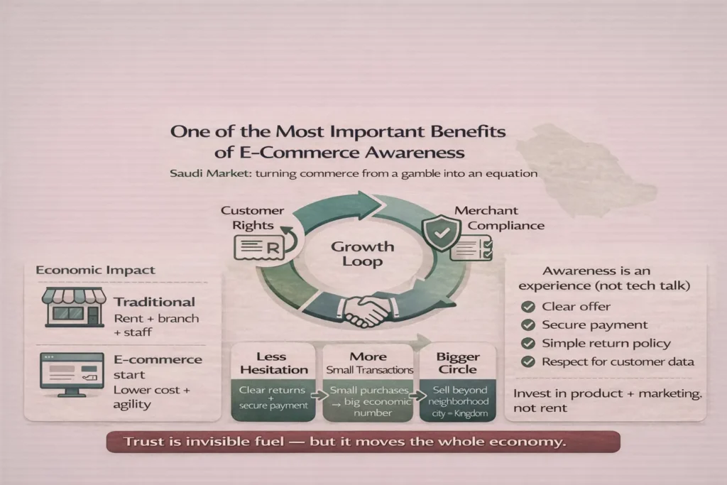 إنفوجرافيك يوضح أحد أهم فوائد الوعي بالتجارة الإلكترونية: حلقة نمو مبنية على حقوق العميل والتزام التاجر، تقلّل التردد وتزيد المعاملات في السوق السعودي.
