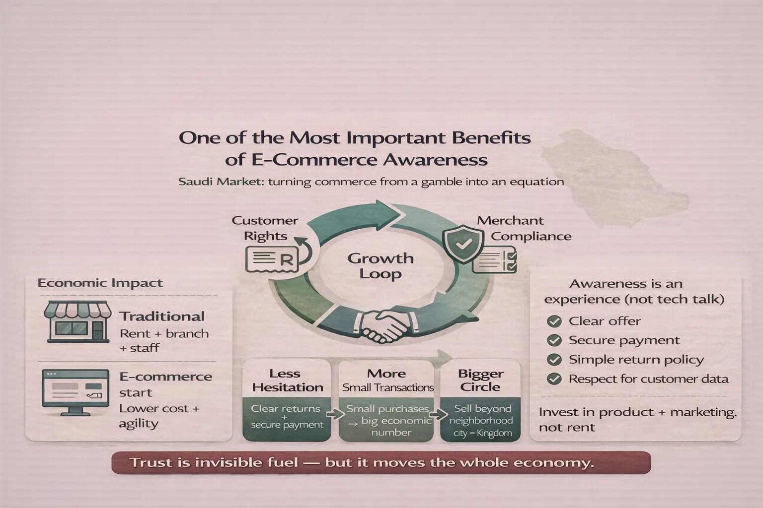 إنفوجرافيك يوضح أحد أهم فوائد الوعي بالتجارة الإلكترونية: حلقة نمو مبنية على حقوق العميل والتزام التاجر، تقلّل التردد وتزيد المعاملات في السوق السعودي.