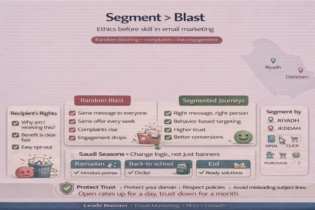 email as a communication tool infographic showing Segment > Blast: recipient rights, segmented journeys, behavior targeting, Saudi seasons, and trust protection against spam.