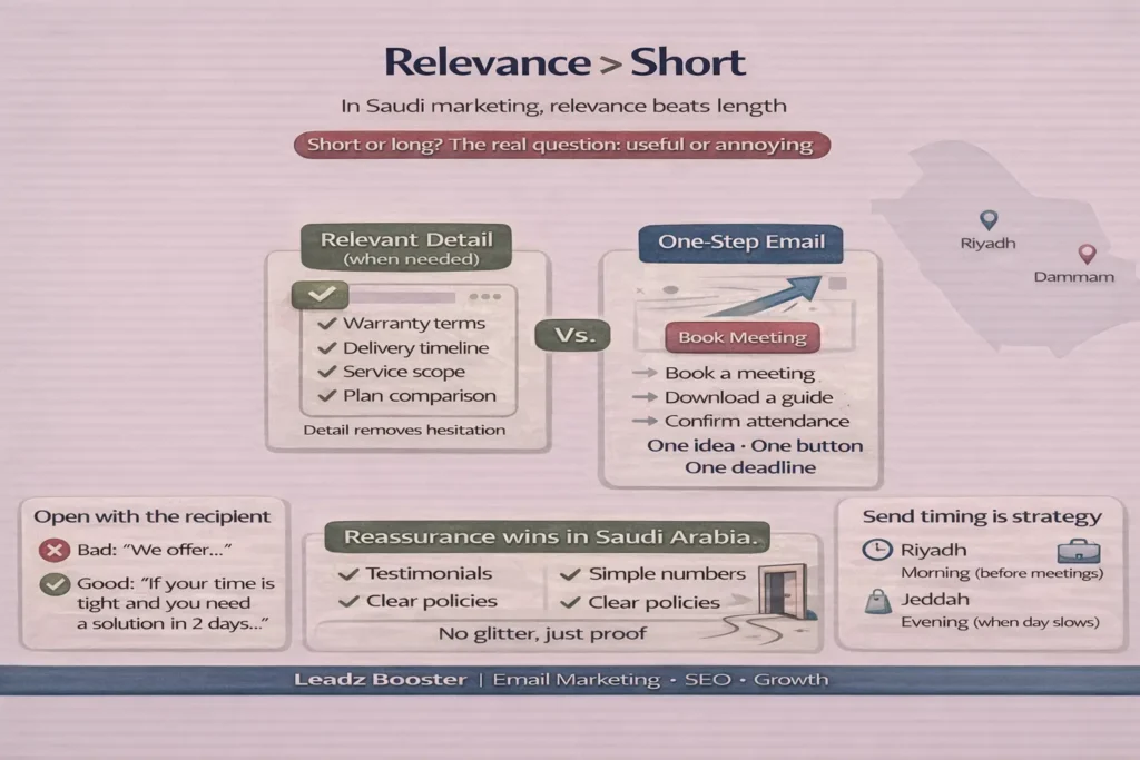 email as a communication tool infographic: “Relevance > Short” with relevant detail vs one-step email, recipient-first opening, reassurance in Saudi Arabia, and timing (Riyadh/Jeddah).