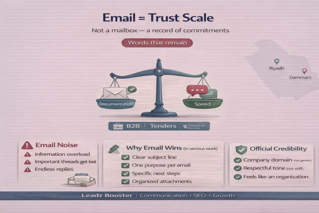 email as a communication tool infographic showing Email = Trust Scale: documentation vs speed, B2B and tenders, plus tips for clear subject lines and credibility.