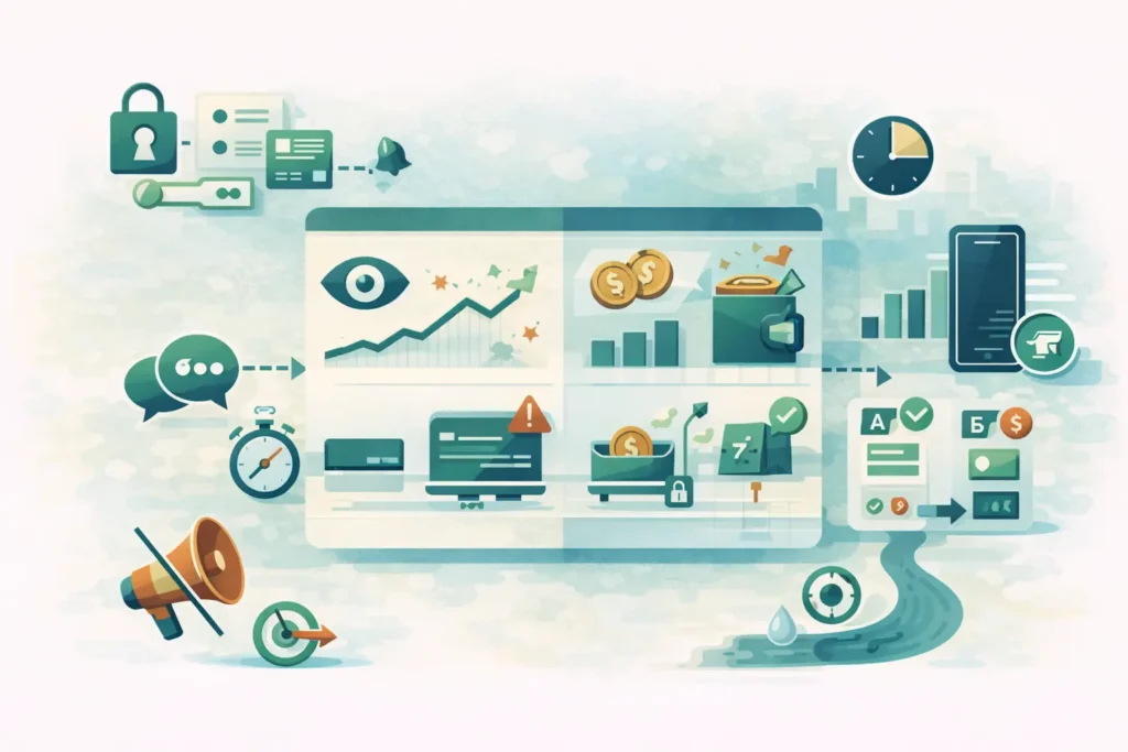 افضل طريقة للتسويق عبر الانترنت: لوحة قياس تفصل بين مؤشرات المشاهدة ومؤشرات الربح مثل ROAS وCAC، مع اختبار A/B وخصوصية وموبايل.