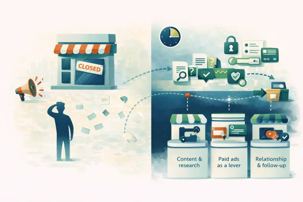 افضل طريقة للتسويق عبر الانترنت: مقارنة بين ضجيج بلا نتائج ومسار ذكي يبدأ بنية الشراء ثم الثقة والخصوصية وينتهي بدفع سهل وعودة سريعة.