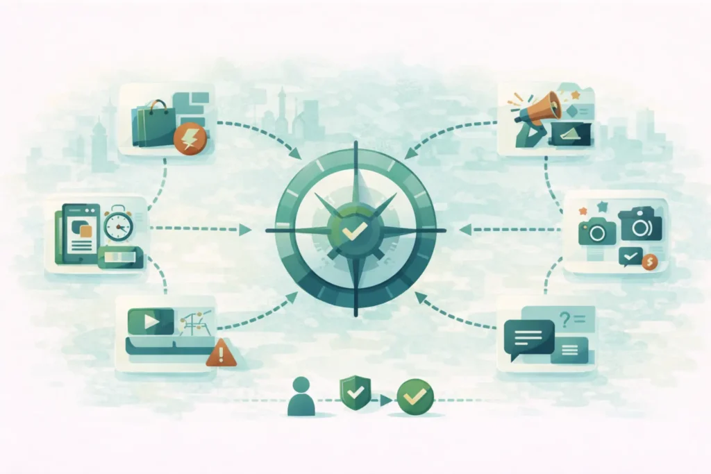 طريقة التسويق عبر مواقع التواصل الاجتماعي: بوصلة اختيار المنصة حسب الهدف مع مسارات تربط البيع السريع وبناء الصورة وخدمة العملاء وB2B.