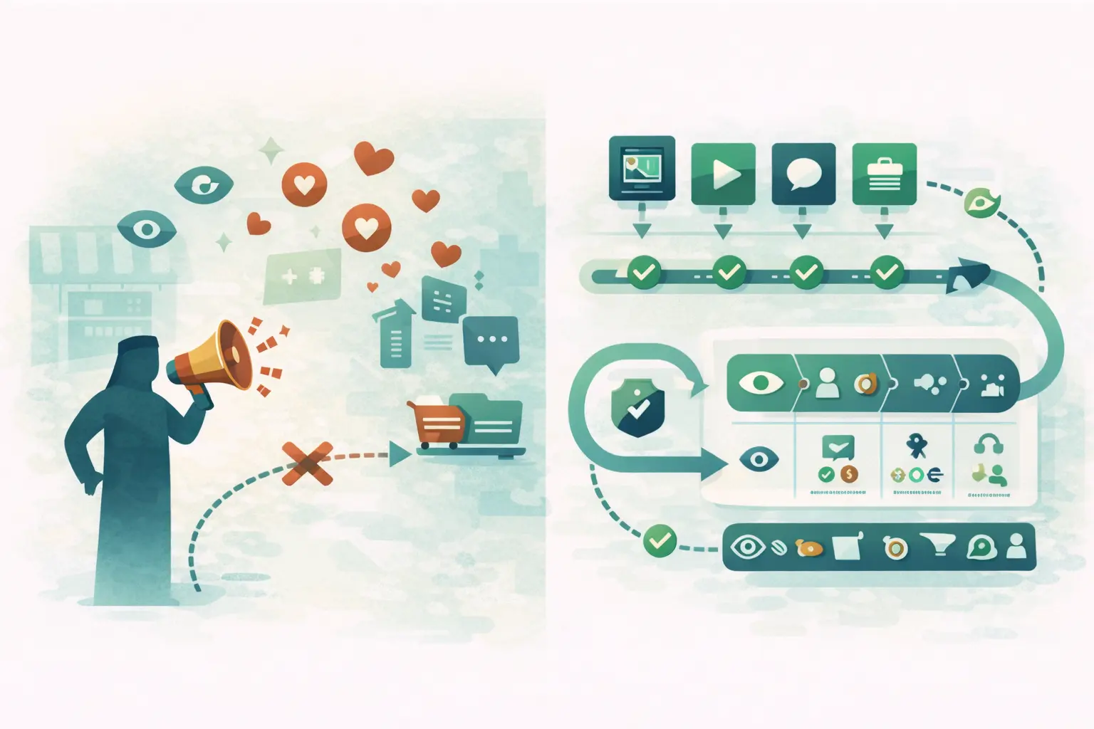 طريقة التسويق عبر مواقع التواصل الاجتماعي: مقارنة بين محتوى يجلب مشاهدات بلا شراء ومسار يحوّل الانتباه إلى ثقة ثم إجراء مع قياس يومي.